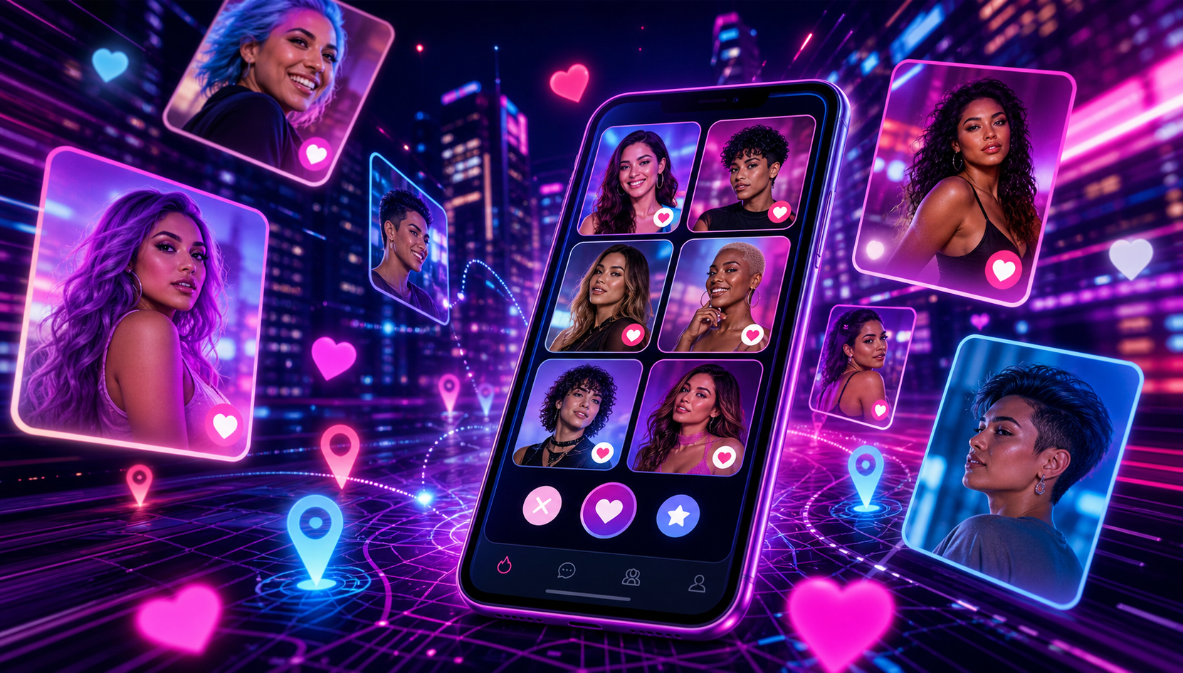 Neon dating app discovery visuals