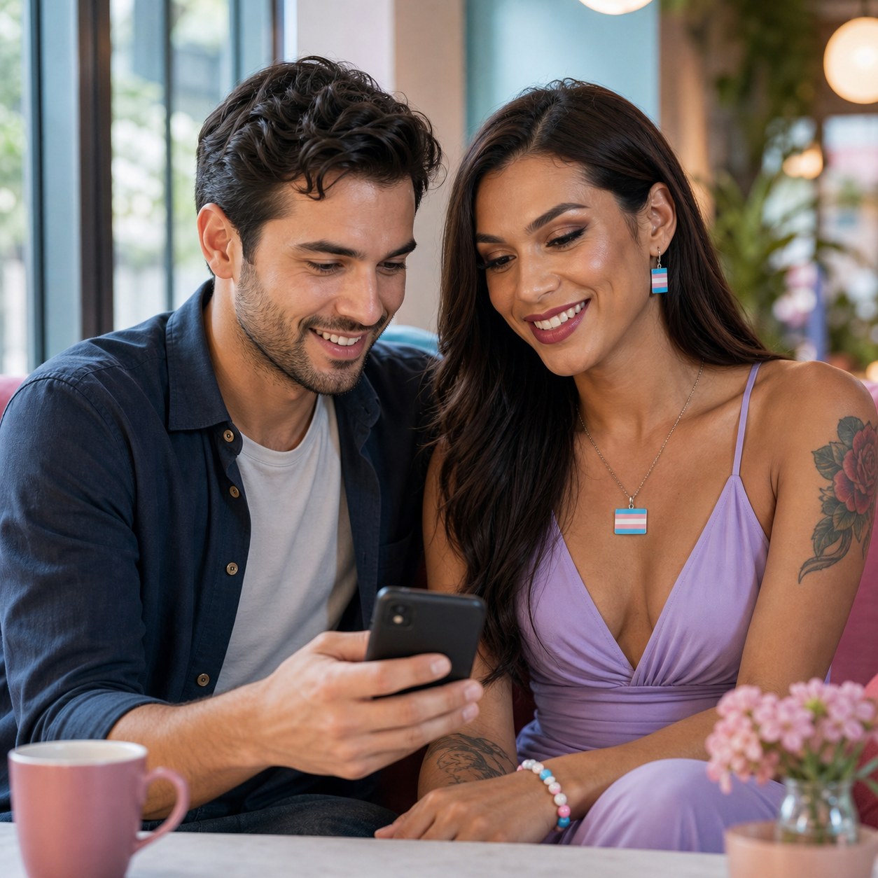 Man and transgender woman using a dating app before a local date